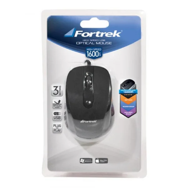 Mouse USB Fortrek OM-103BK 1600 Dpi Preto