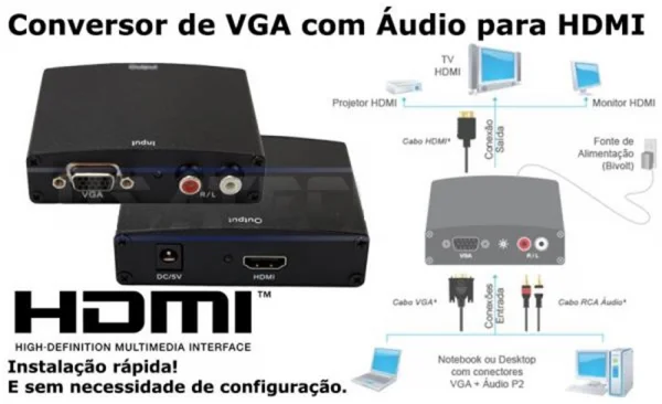 Adaptador de Video VGA+ AV RCA x Hdmi Femea Com Fonte