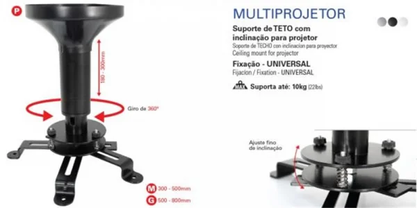 Suporte para Projetor Universal Multiviso Teto Preto MULTI-PROJ-P-P
