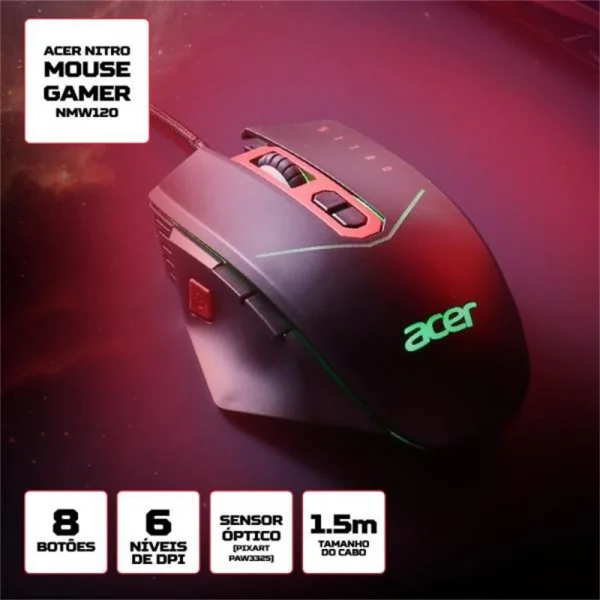Mouse USB Gamer Acer Nitro NMW120 Preto e Vermelho