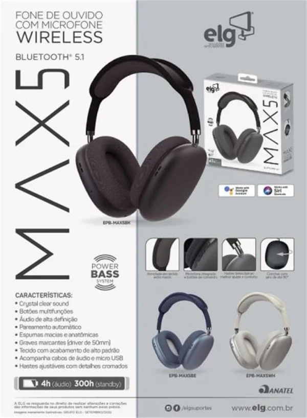 Fone de Ouvido Bluetooh Headphone 5.1 ELG com Microfone - EPB-MAX5BK Preto
