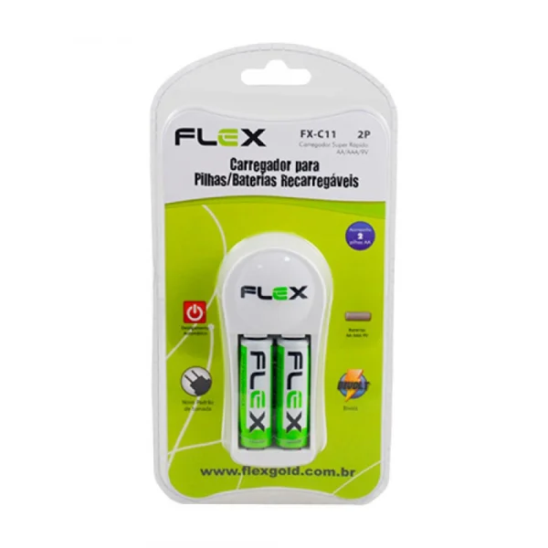 Carregador de Baterias recarregveis com 2 Pilhas AA Flex Gold FX-C11/2P