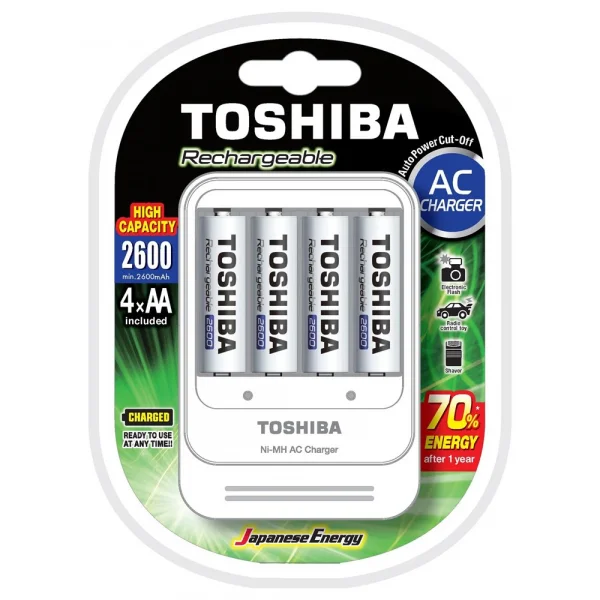 Carregador com Pilha Recarregavel Toshiba com 4 Unidades AA 2000mAh AC TNHC-6GAE4