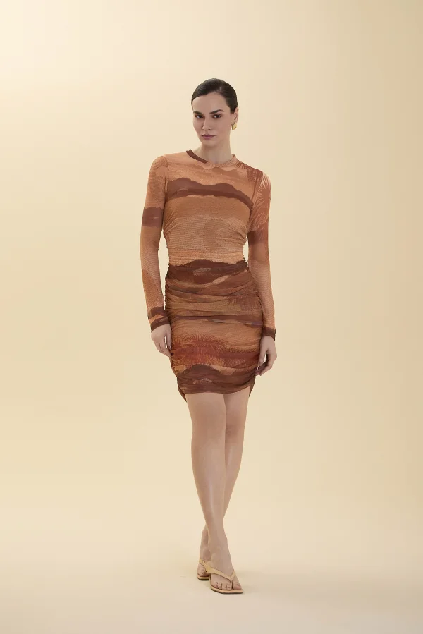 VESTIDO CURTO MAGA LONGA ILHA SICLIA MARROM