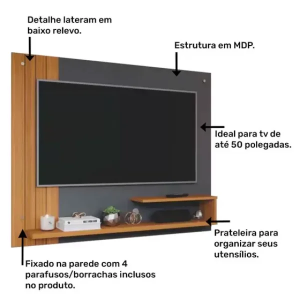 Painel Para Tv Até 50 Polegadas Com Prateleira e Nicho Dunas Grafite/Nature Permobili