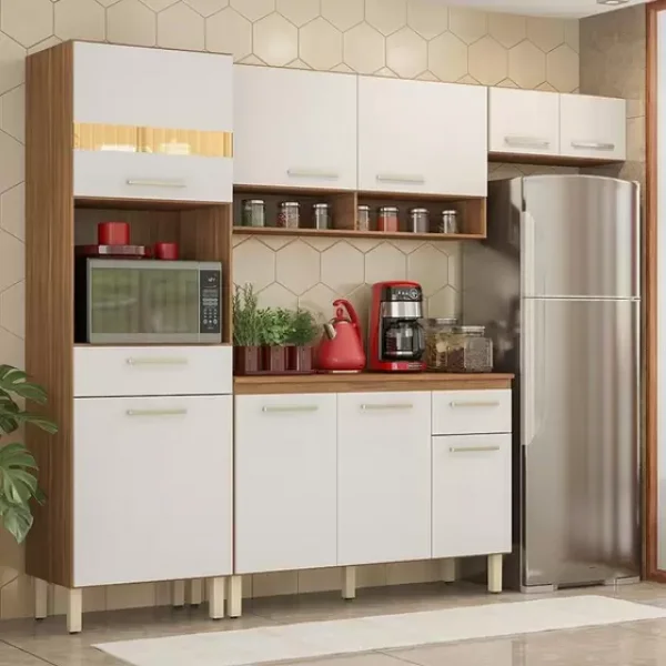 Cozinha Completa Dama com Balco - Nicho para Micro-ondas 9 Portas 2 Gavetas Amndoa/Branco Dembile