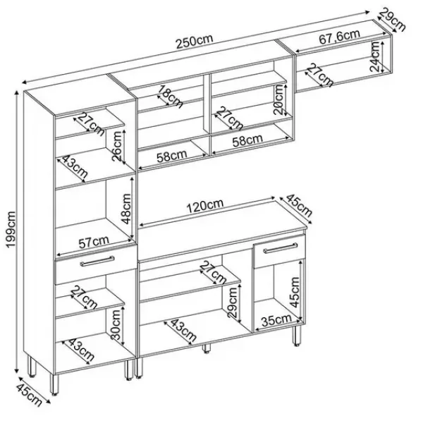 Cozinha Completa Dama com Balco - Nicho para Micro-ondas 9 Portas 2 Gavetas Amndoa/Branco Dembile