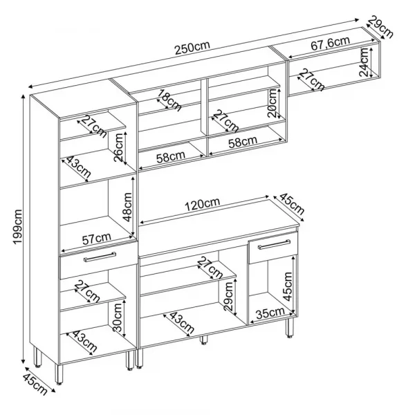 Cozinha Completa Dama com Balco - Nicho para Micro-ondas 9 Portas 2 Gavetas Avelan/Grafite Dembile