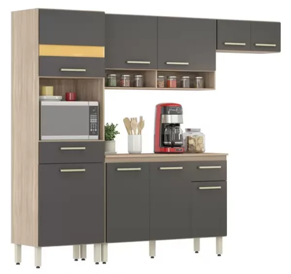 Cozinha Completa Dama com Balco - Nicho para Micro-ondas 9 Portas 2 Gavetas Avelan/Grafite Dembile