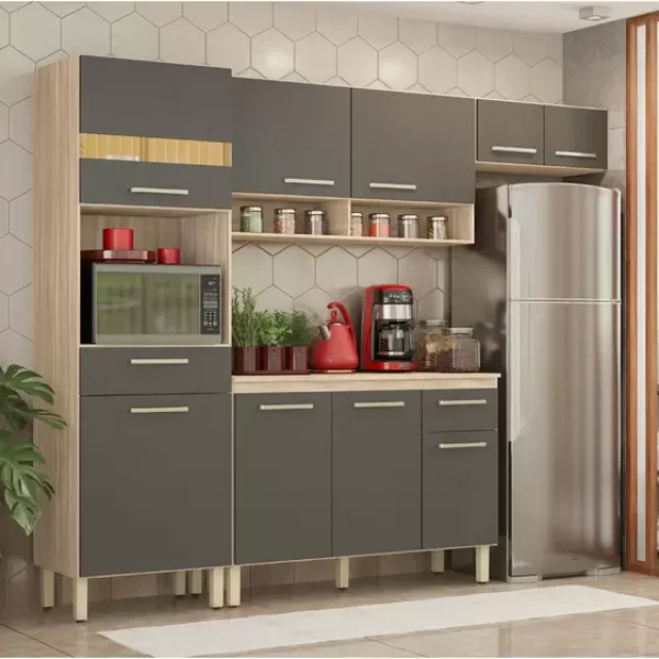 Cozinha Completa Dama com Balco - Nicho para Micro-ondas 9 Portas 2 Gavetas Avelan/Grafite Dembile