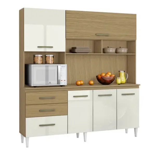 Cozinha Compacta Lory com 5 Portas, 3 Gavetas e 3 Prateleiras mbar Off White Aramveis