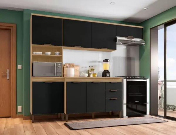 Cozinha Completa Milena 5 Peas 7 Portas 2 Gavetas Cartagena Preta  Incorplac