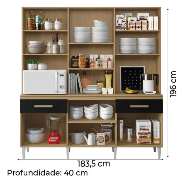 Cozinha Compacta Mary com 7 Portas, 2 Gavetas e 7 Prateleiras Atacama Preto Aramveis