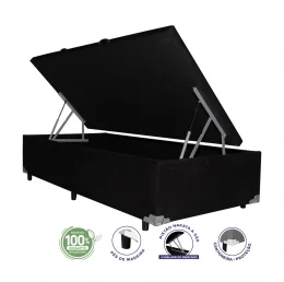Cama Box Ba Solteiro 0,88x1,88x0,39  - TC:  Suede Preto (ABERTURA LATERAL)