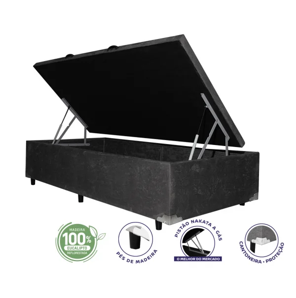 Cama Box Ba Solteiro King 0,96x2,03x0,39  - TC:  Cinza Amassado (ABERTURA LATERAL)
