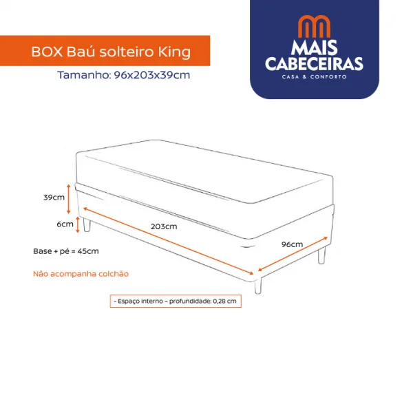 Cama Box Ba Solteiro King 0,96x2,03x0,39  - TC:  Cinza Amassado (ABERTURA LATERAL)