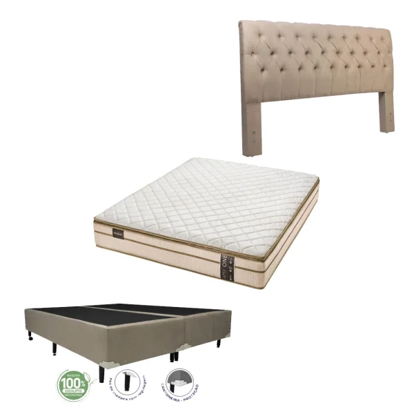 COLCHO AMX ONE CASAL + CAMA BOX + CABECEIRA SUEDE IMBUIA AMASSADO 1,38X 1,88X 0,30