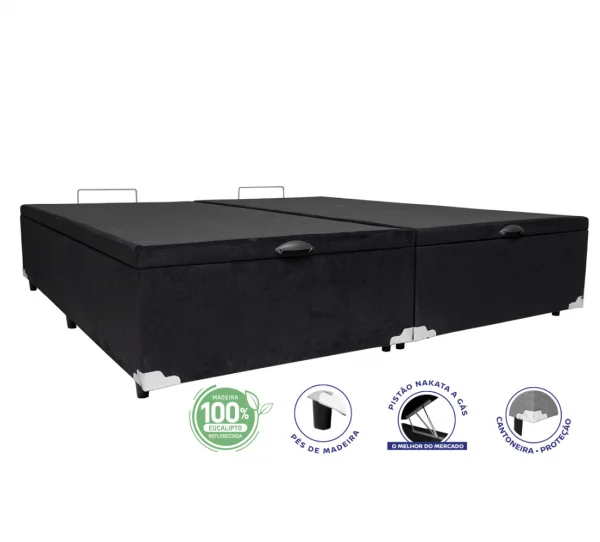 Cama Box Baú King 1,93 - TC: Corino Preto 1,93x2,03x0,39
