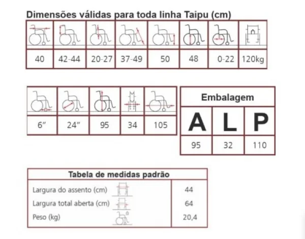 Cadeira Roda Taipu J3 L44 Prata 100kg 3549