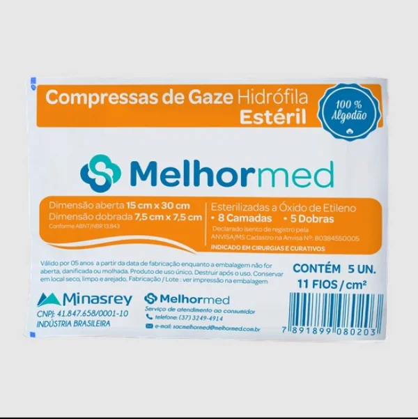 Gaze Compressa 7,5x7,5 11fio9s C/5 Unidades EstéRil - Melhormed