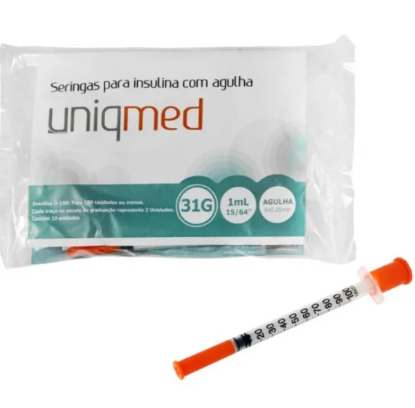 Seringa Insulina 1ml C/Agulha 6mm Com 10 Unidades - Uniqmed