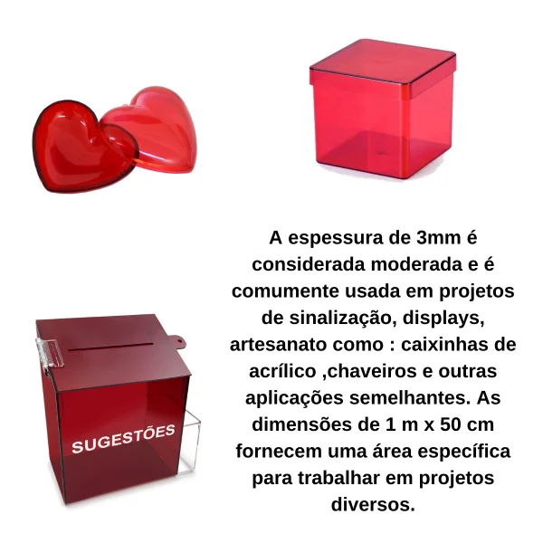 Chapa Acrilica Colorida Vermelho 1000x500mm Esp. 3,0mm