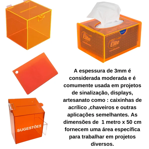 Chapa Acrilica Colorida Laranja Fluorescente 1000x500mm Esp. 3,0mm