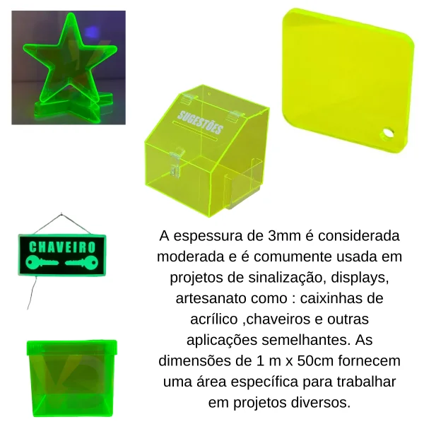 Chapa Acrilica Colorida Verde Fluorescente 1000x500mm Esp. 3,0mm