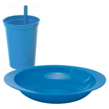 Kit infantil copo com canudo e prato azul Plasutil