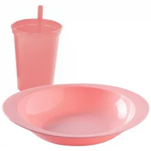 Kit infantil copo com canudo e prato rosa Plasutil