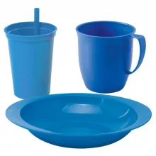 Kit infantil caneca, copo com canudo e prato azul Plasutil