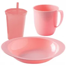 Kit infantil caneca, copo com canudo e prato rosa Plasutil