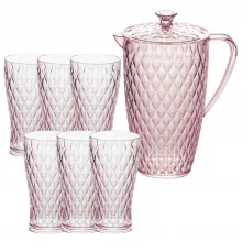 Kit jarra 2 litros e 6 copos 500ml de plstico Cristal rosa Plasutil