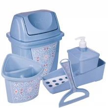 Kit pia cozinha lixeira, porta detergente e esponja, escorredor de talheres e rodinho azul floral Plasutil
