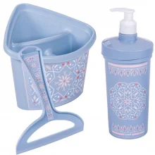 Kit pia escorredor de talheres, rodinho e porta detergente azul floral Plasutil