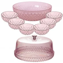 Kit boleira baixa, saladeira e 6 tigelas de plstico Cristal rosa Plasutil
