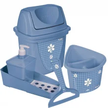 Kit pia cozinha lixeira, porta detergente e esponja, escorredor de talheres e rodinho azul floral Plasutil