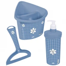 Kit pia escorredor de talheres, rodinho e porta detergente azul floral Plasutil