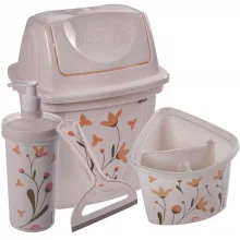 Kit pia cozinha lixeira, porta detergente, escorredor de talheres e rodinho vinho floral Plasutil