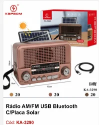 Rdio AM FM Bluetooth USB com Placa Solar KA-3290