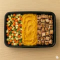 Coxa e sobrecoxa em cubos, pur� de mandioquinha e mix de legumes (400g)