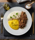 Fraldinha desfiada, pur� de mandioquinha e arroz (400g)