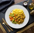 Coxa e sobrecoxa em cubos, pur� de mandioquinha e mix de legumes (400g)