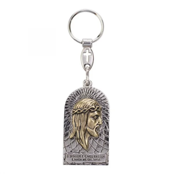 Chaveiro Face de Cristo com Versículo Prateado