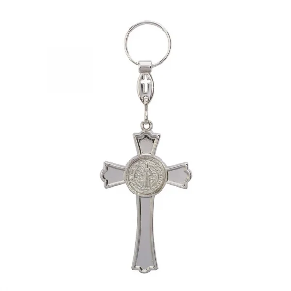 Chaveiro Crucifixo com a Medalha de São Bento Prateado