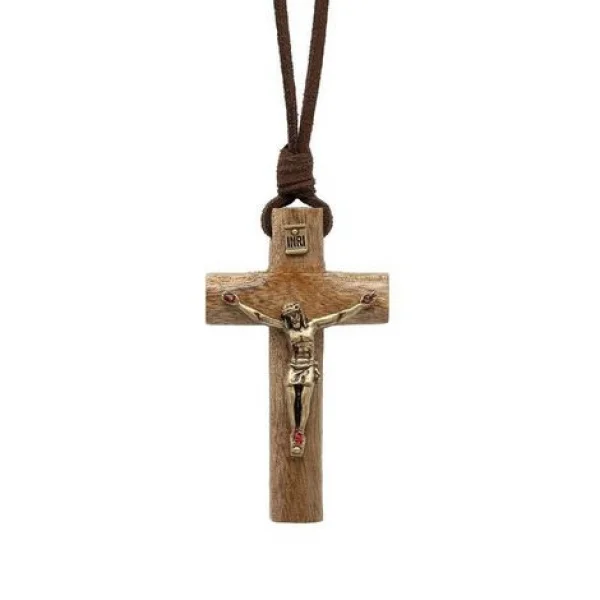 Colar Cordão Crucifixo Cilindrico Chagas De Cristo Ov Marrom