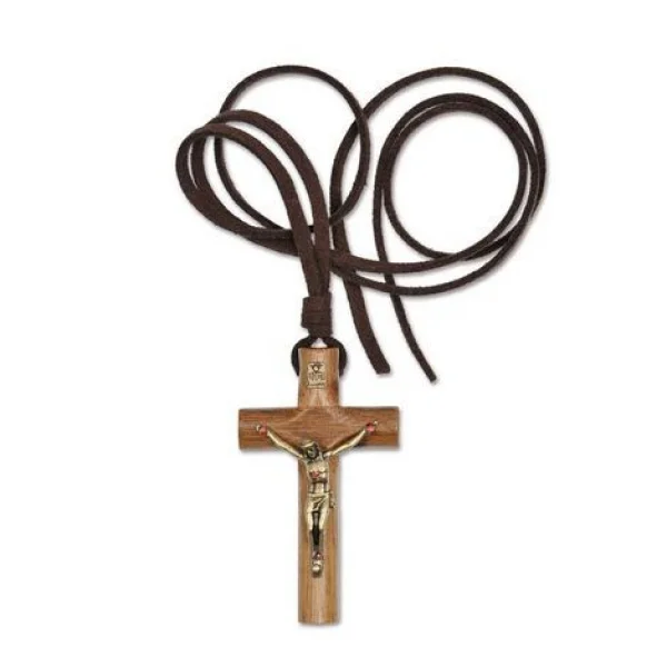 Colar Cordão Crucifixo Cilindrico Chagas De Cristo Ov Marrom