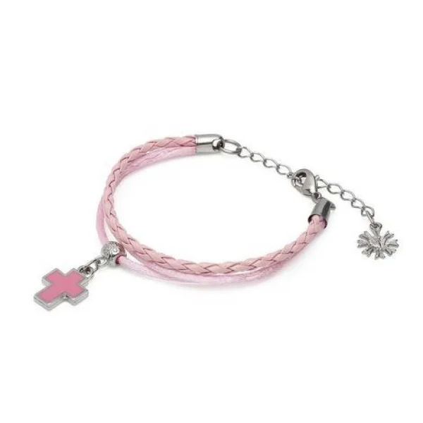 Pulseira Infantil com Cord�es Rosa e Cruz em Resina
