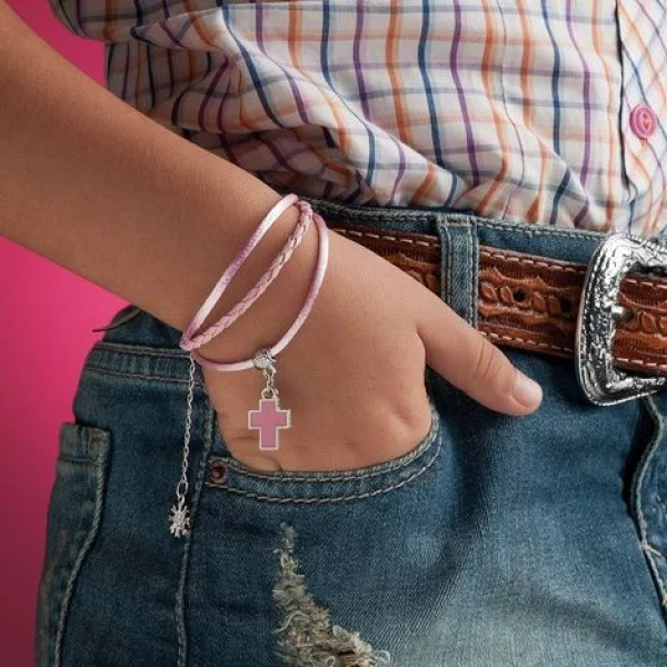 Pulseira Infantil com Cord�es Rosa e Cruz em Resina