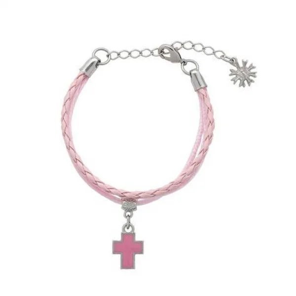 Pulseira Infantil com Cordões Rosa e Cruz em Resina